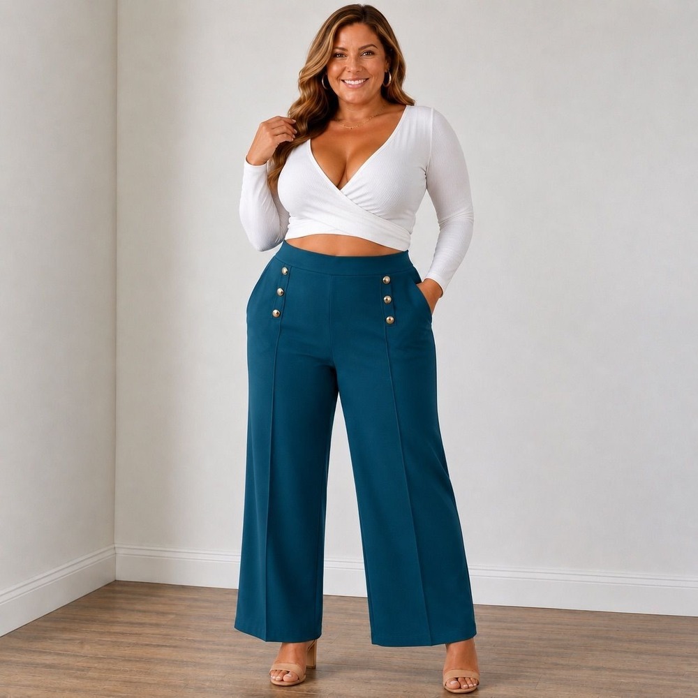 Teal Wide Leg Pull-On Pants Silver Button Detail High Rise 2XL